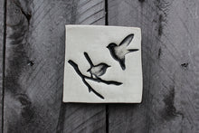 Load image into Gallery viewer, Square tile, white with black birds.
