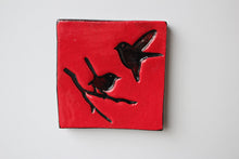 Load image into Gallery viewer, Square tile, red with black birds.
